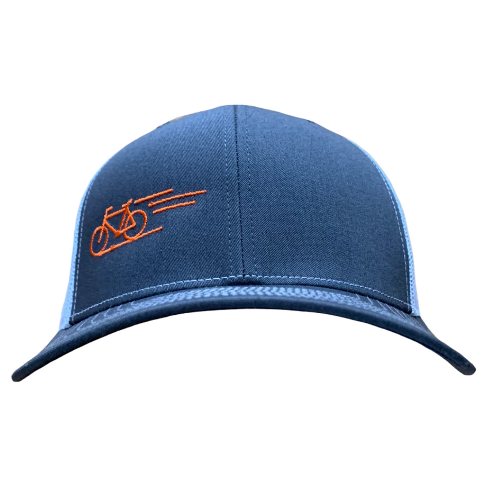 Hit The Trails 6-Panel Hat in navy blue with orange bike graphic